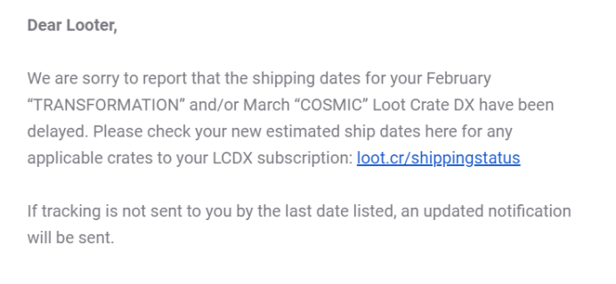 February + March 2019 Loot Crate DX Shipping Update