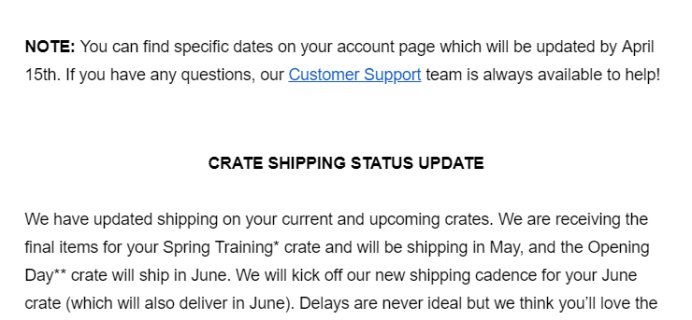 Sports Crate: MLB Edition Subscription Change & February & April 2019 Shipping Update!