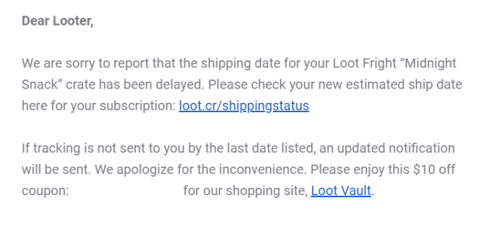 Loot Fright March 2019 Shipping Update + Coupon