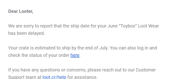 Loot Wear June 2019 Shipping Update