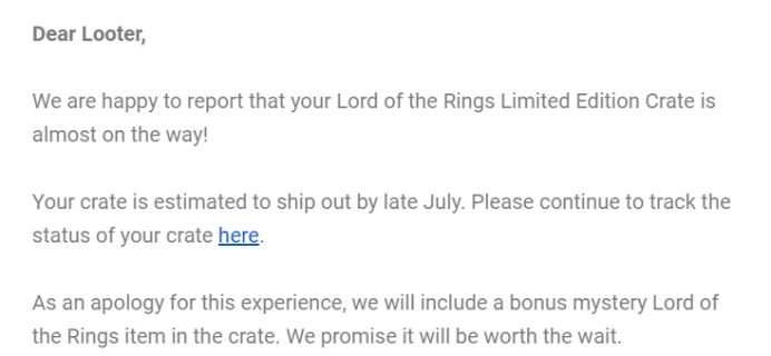 Loot Crate Lord of the Rings Limited Edition Crate Shipping Update #3!