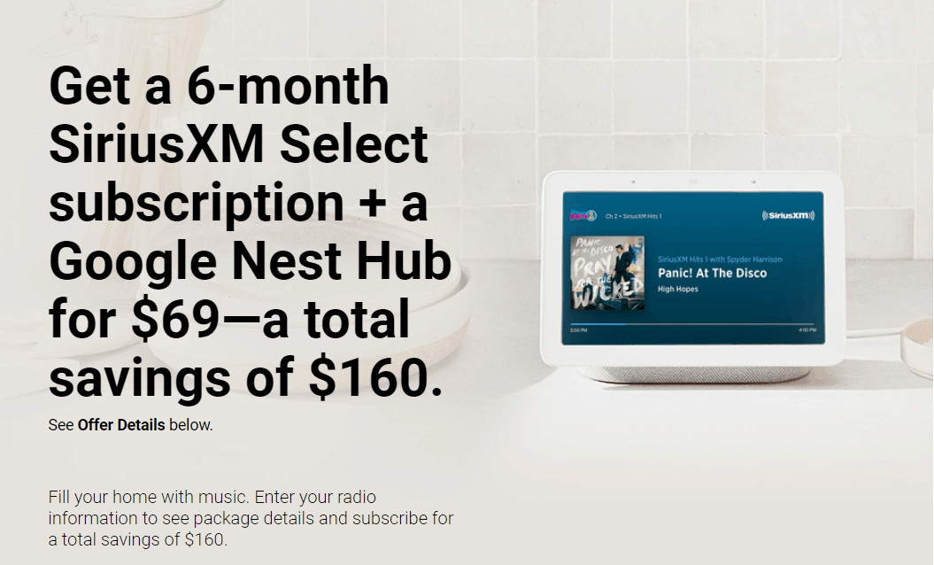 SiriusXM Black Friday Coupon Get FREE Google Nest Hub With 6 Month