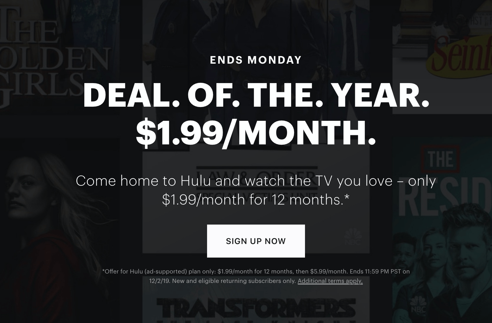 Hulu Cyber Monday Deal Get an entire YEAR of Hulu for just 1.99 per