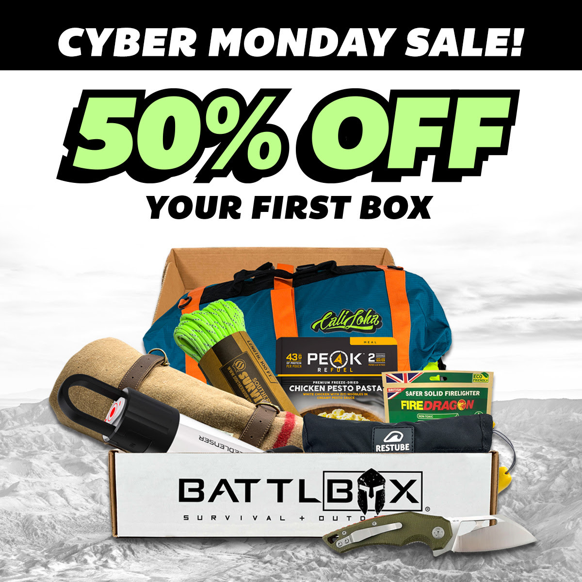 BattlBox Cyber Monday Coupon: HALF OFF First Box Outdoor, Survival
