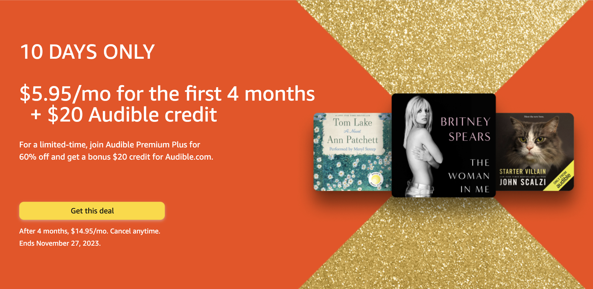 Audible Cyber Monday Deal: $5.95 a Month for 4 Months + $20 Credit!  - Hello Subscription